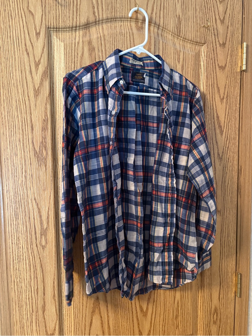 Sears Navy Blue White and Red Plaid Button-Down Shirt